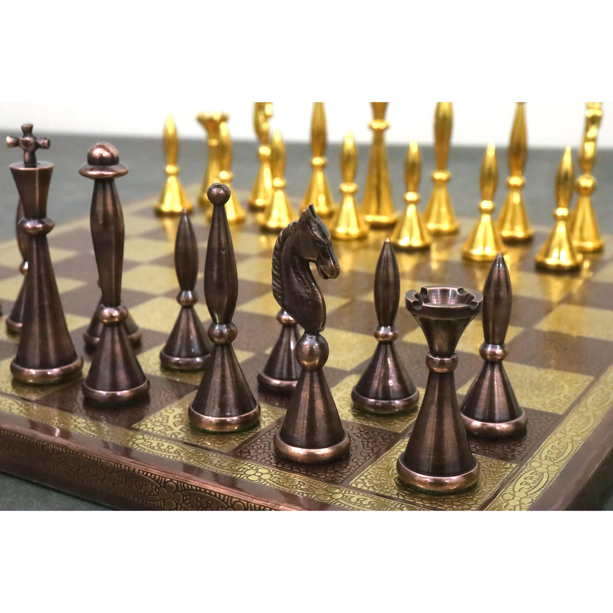Brass Metal Modern Luxury Chess Pieces & Board Set 14" - Antique Copper & Gold From Royal Chess Mall