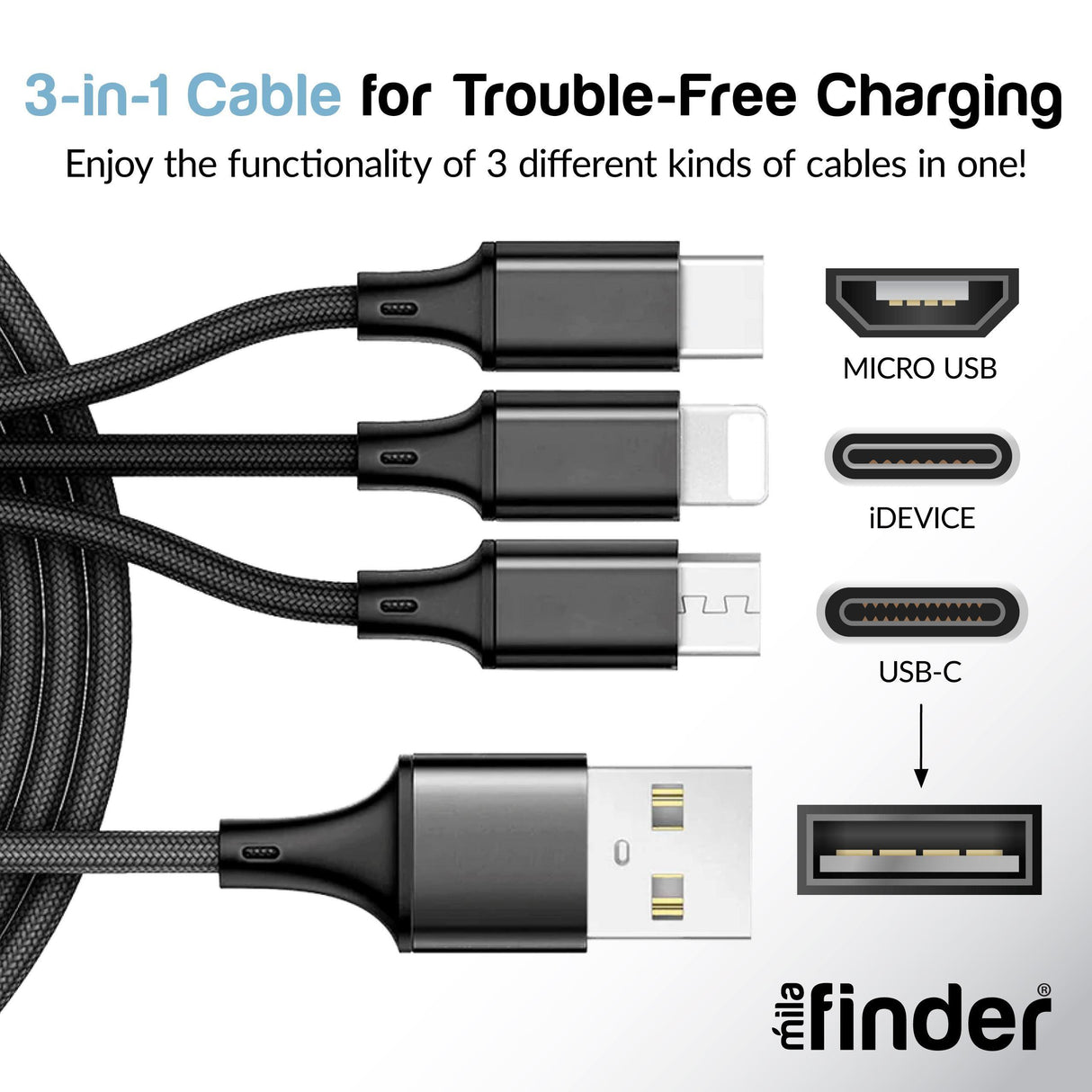 3 foot 3-in-1 charger Compact - Pack of 12 from Mila Lifestyle Accessories