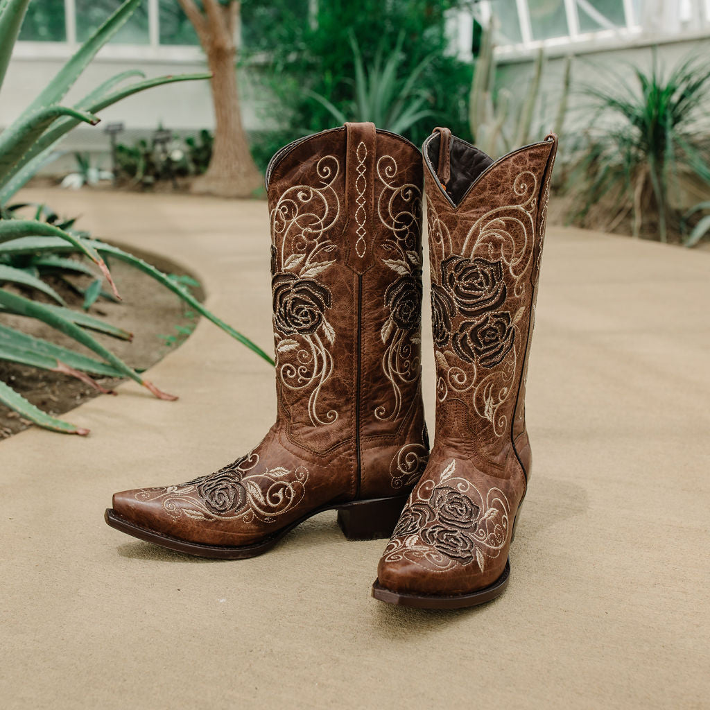 Tan Rose Inlayed Women's Cowgirl Boots (M50032) from Soto Boots