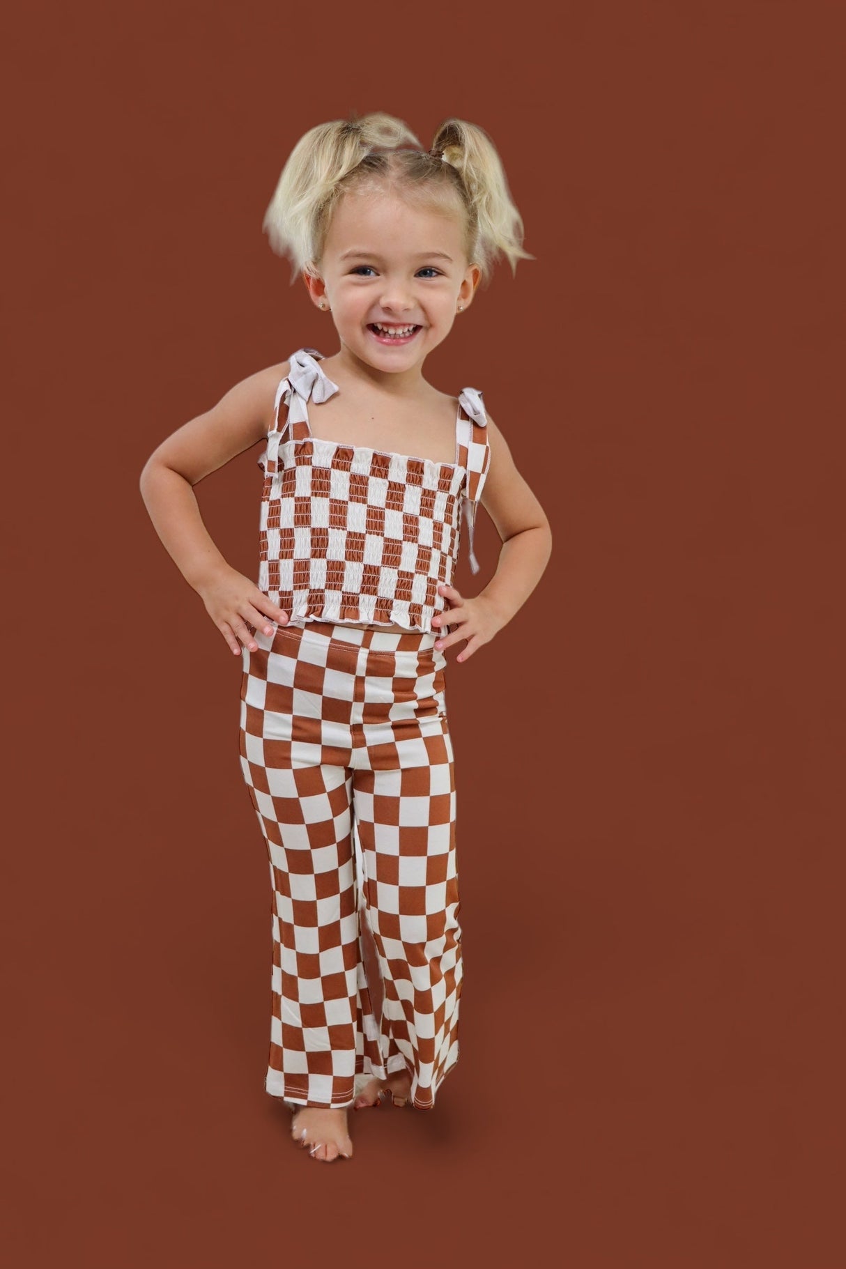 COPPER CHECKERS DREAM SMOCKED FLARE SET from DREAM BIG LITTLE CO