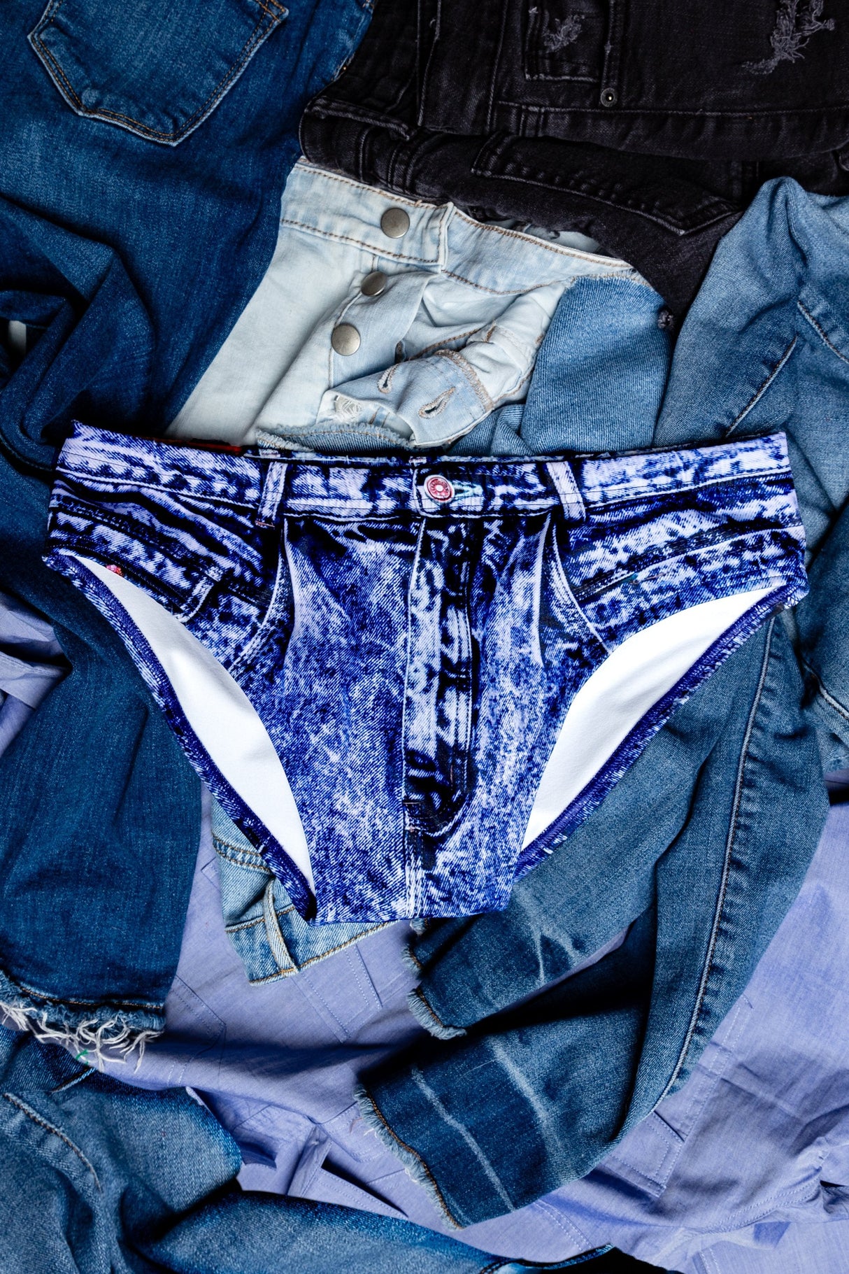 The Daytona Dong Sarong | Denim Print Swim Brief from Shinesty