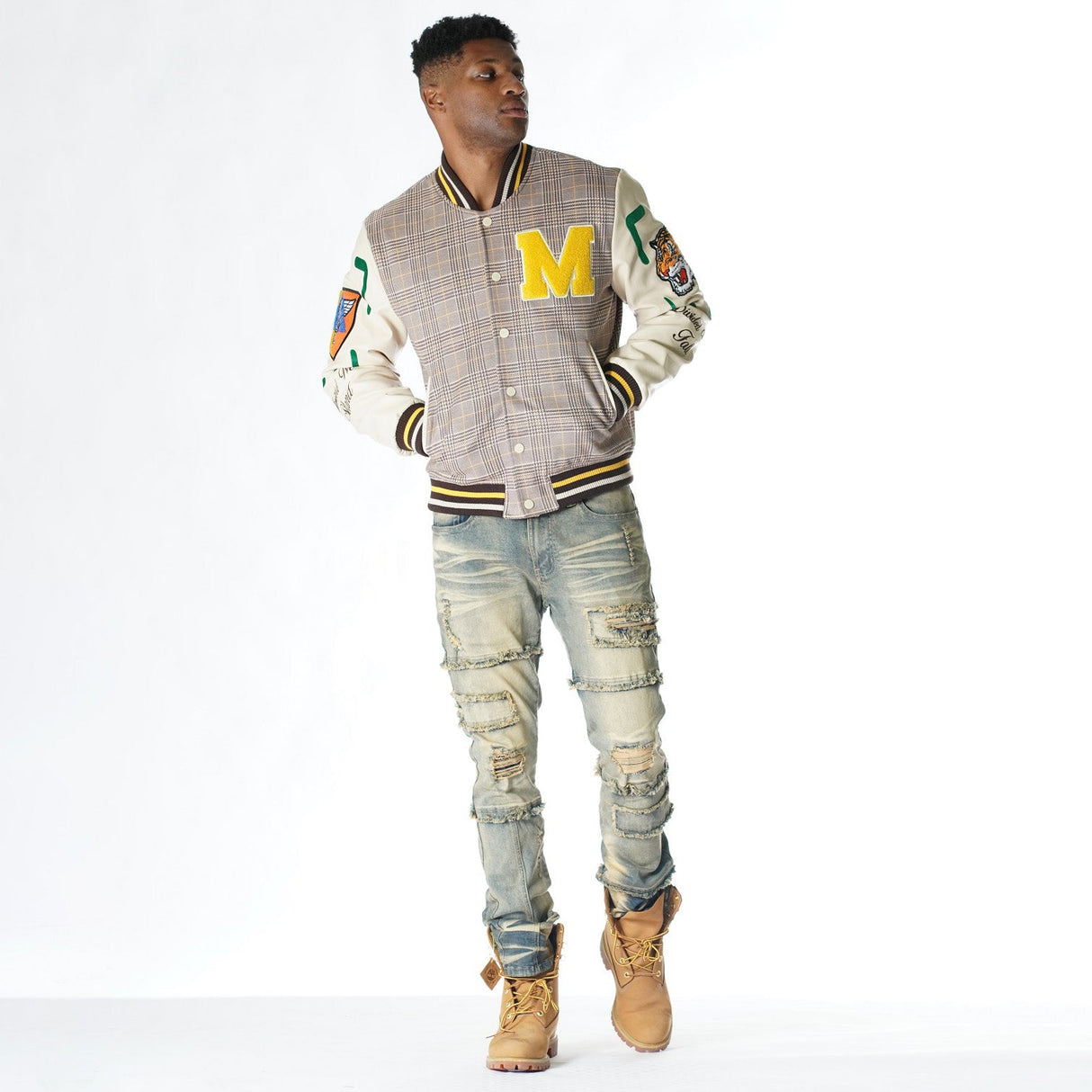M4315 Vercelli Plaid Varsity Jacket - Khaki From Makobi Jeans USA