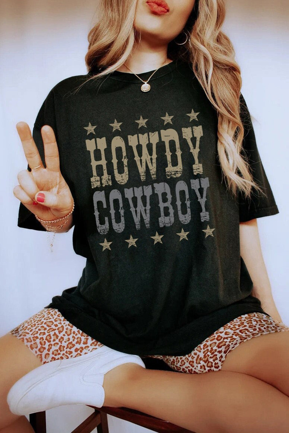 Black HOWDY COWBOY Star Print Crew Neck Loose T Shirt from MsDressly