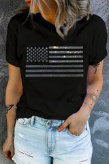 Black Glittering Rhinestone American Flag Pattern T Shirt from MsDressly