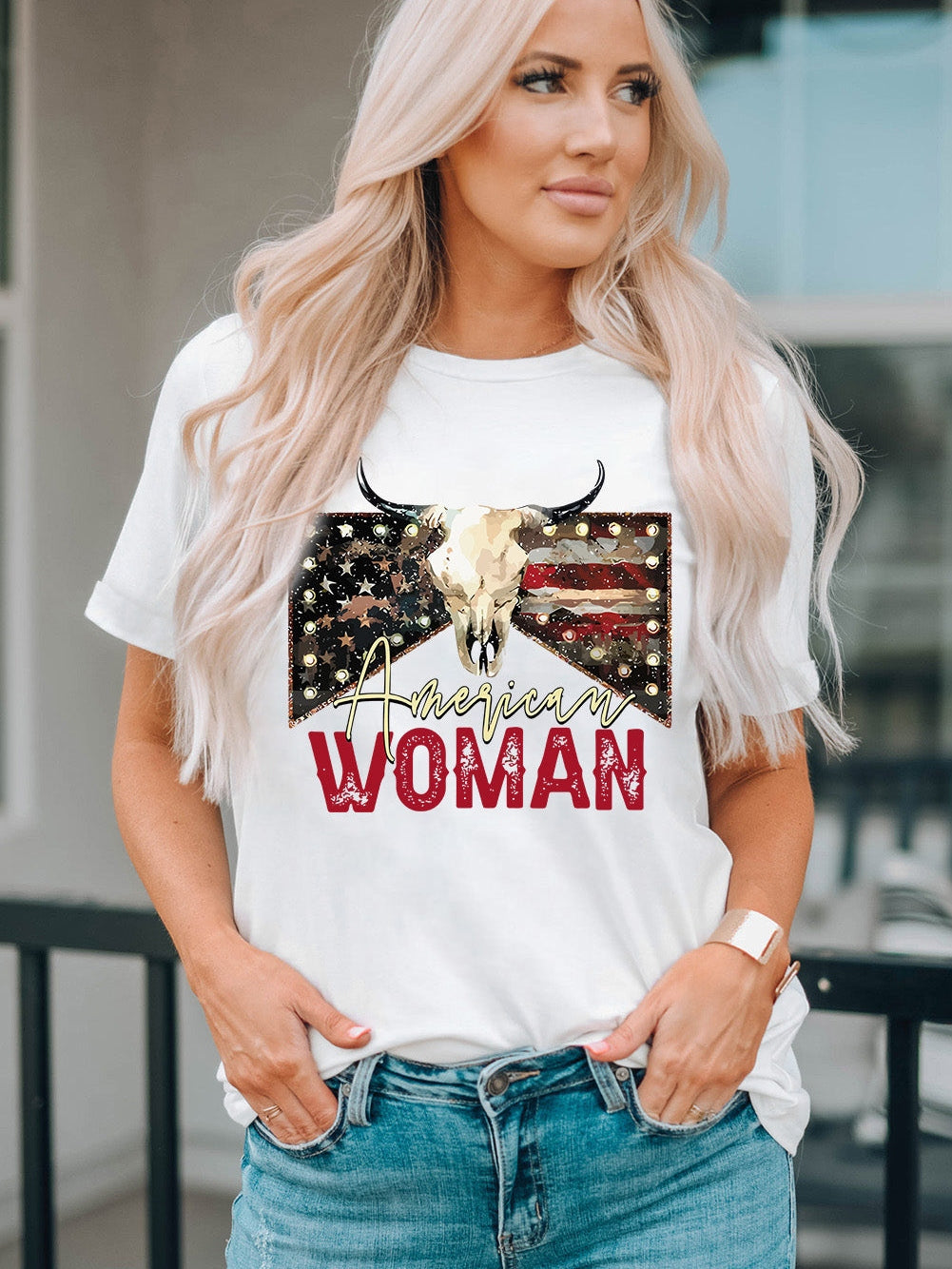 American Woman Bull Skull Print White Graphic Tee from MsDressly
