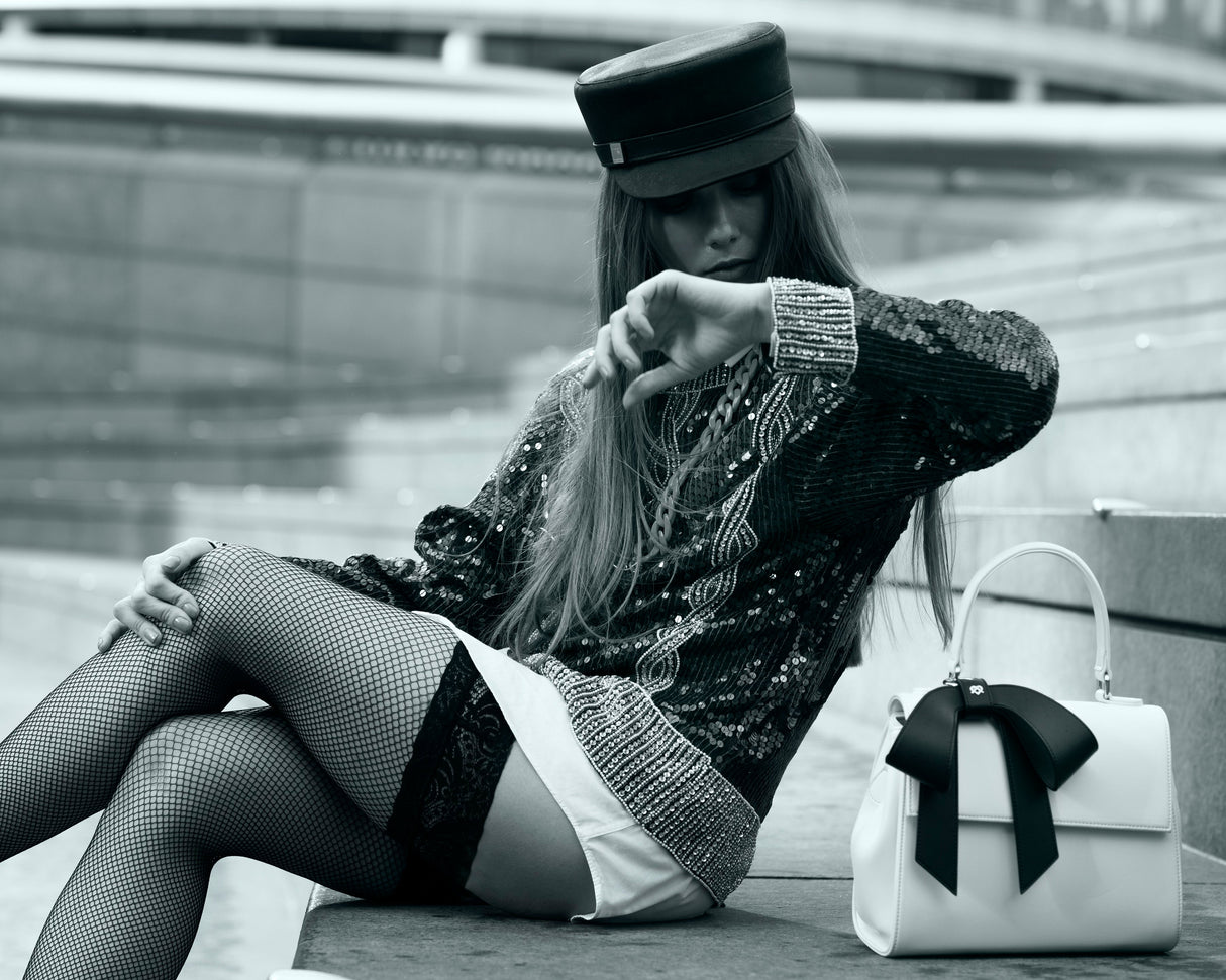 Cottontail - White+Black Vegan Leather Bag from Gunas New York