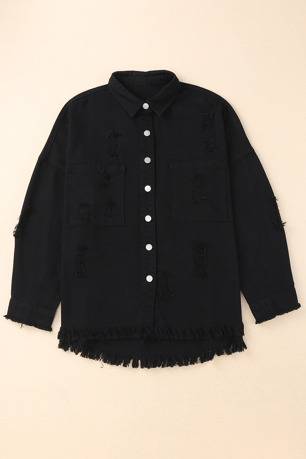 Black Distressed Fringe Trim Denim Jacket from MsDressly