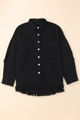 Black Distressed Fringe Trim Denim Jacket from MsDressly