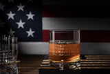 2nd Amendment American Flag Whiskey Glasses, Set of 4 Hand Blown Old Fashioned Whiskey Rocks Glasses, Wood Flag Tray with Patriots Gun Rights Law & Military Gift Set from The Wine Savant
