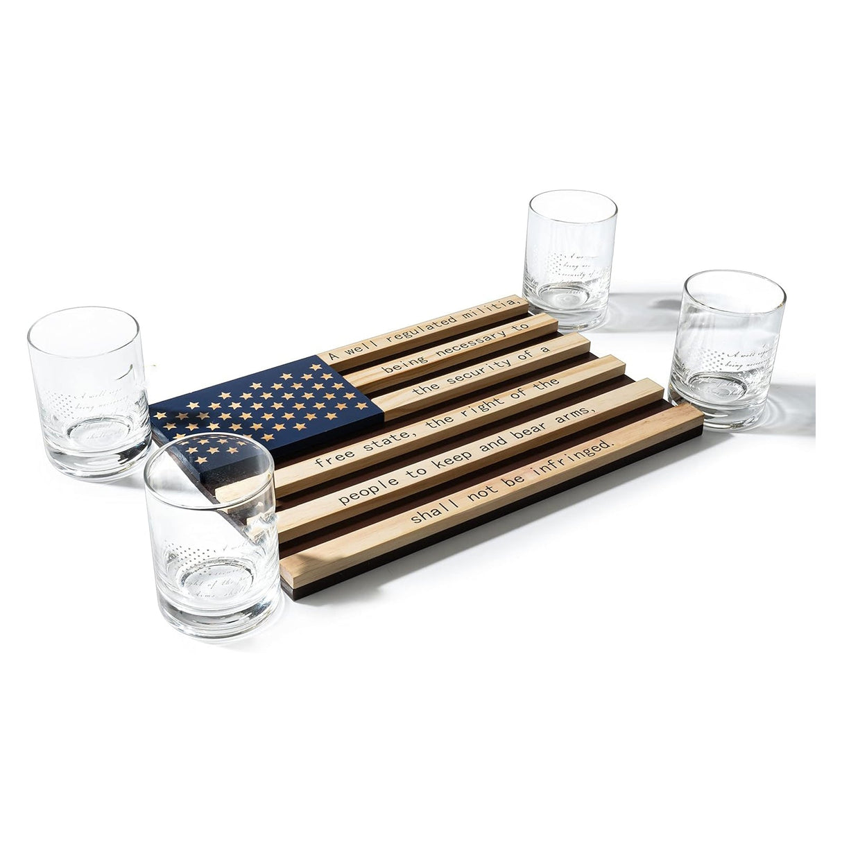 2nd Amendment American Flag Whiskey Glasses, Set of 4 Hand Blown Old Fashioned Whiskey Rocks Glasses, Wood Flag Tray with Patriots Gun Rights Law & Military Gift Set from The Wine Savant