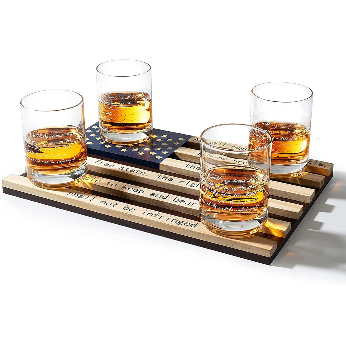 2nd Amendment American Flag Whiskey Glasses, Set of 4 Hand Blown Old Fashioned Whiskey Rocks Glasses, Wood Flag Tray with Patriots Gun Rights Law & Military Gift Set from The Wine Savant