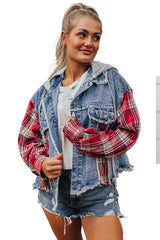 Beau Blue Plaid Print Patchwork Hooded Raw Hem Denim Jacket from MsDressly
