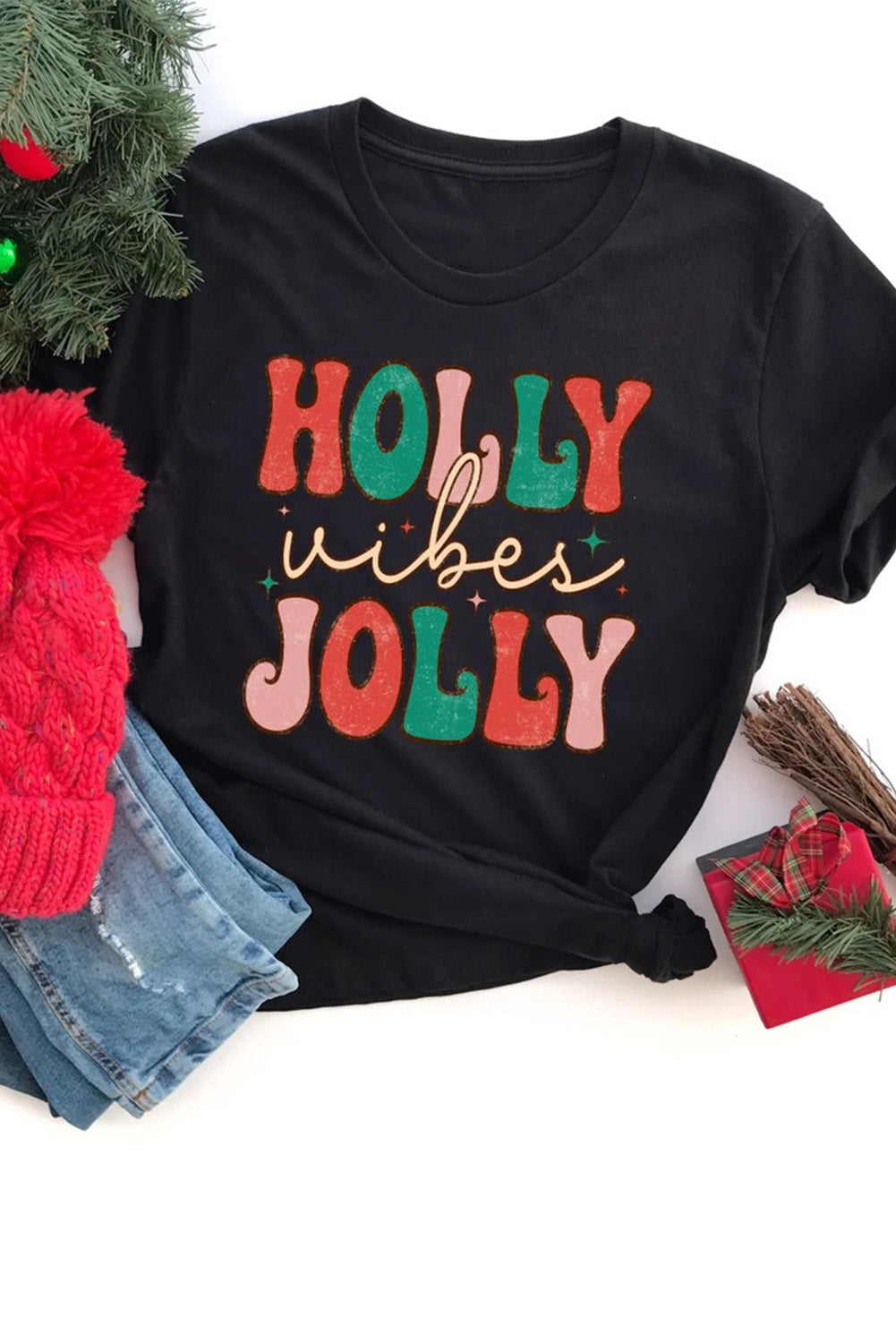 Black HOLLY JOLLY Vibes Christmas Crew Neck T Shirt from MsDressly
