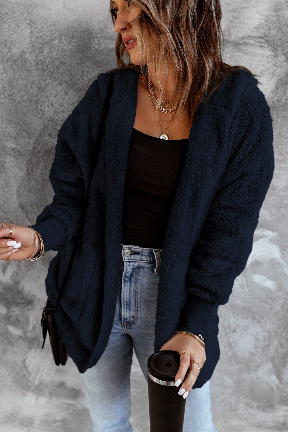 Blue Soft Fleece Hooded Open Front Coat From MsDressly