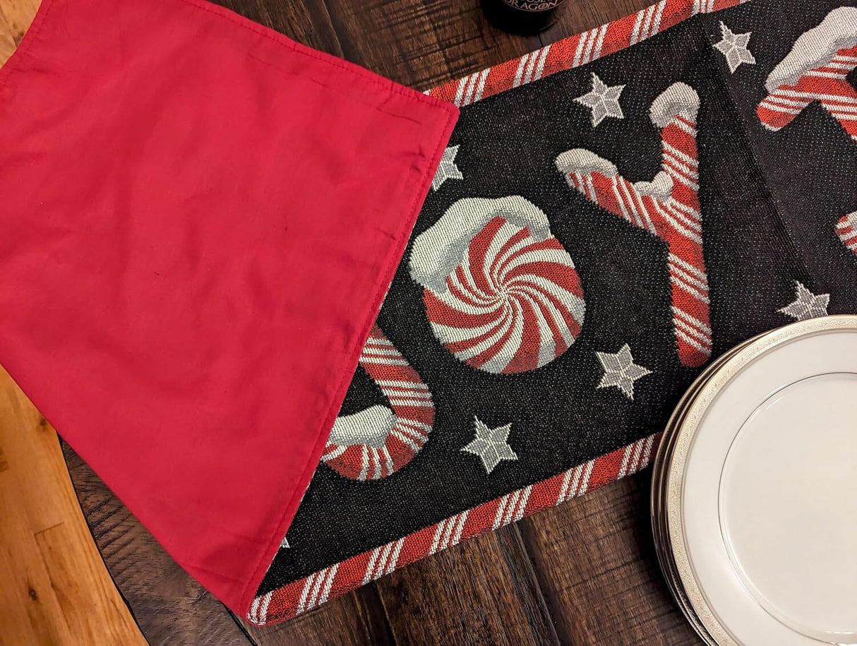 DaDa Bedding Peppermint Joy Red Black Holiday Tapestry Dining Table Runner (12904) from DaDalogy Bedding Collection