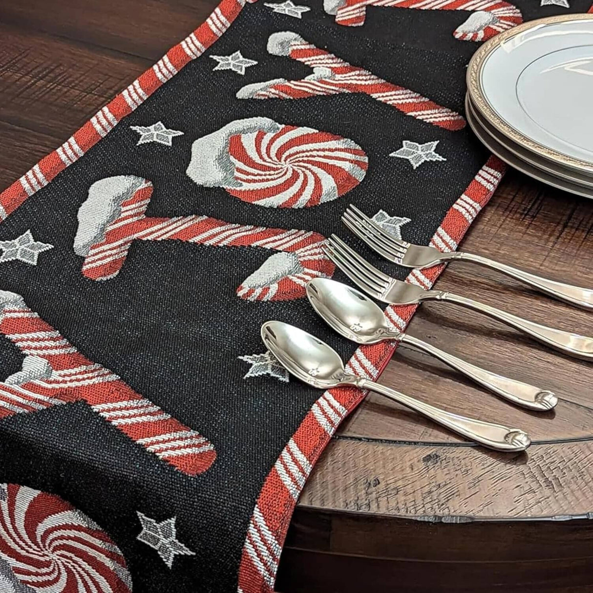 DaDa Bedding Peppermint Joy Red Black Holiday Tapestry Dining Table Runner (12904) from DaDalogy Bedding Collection