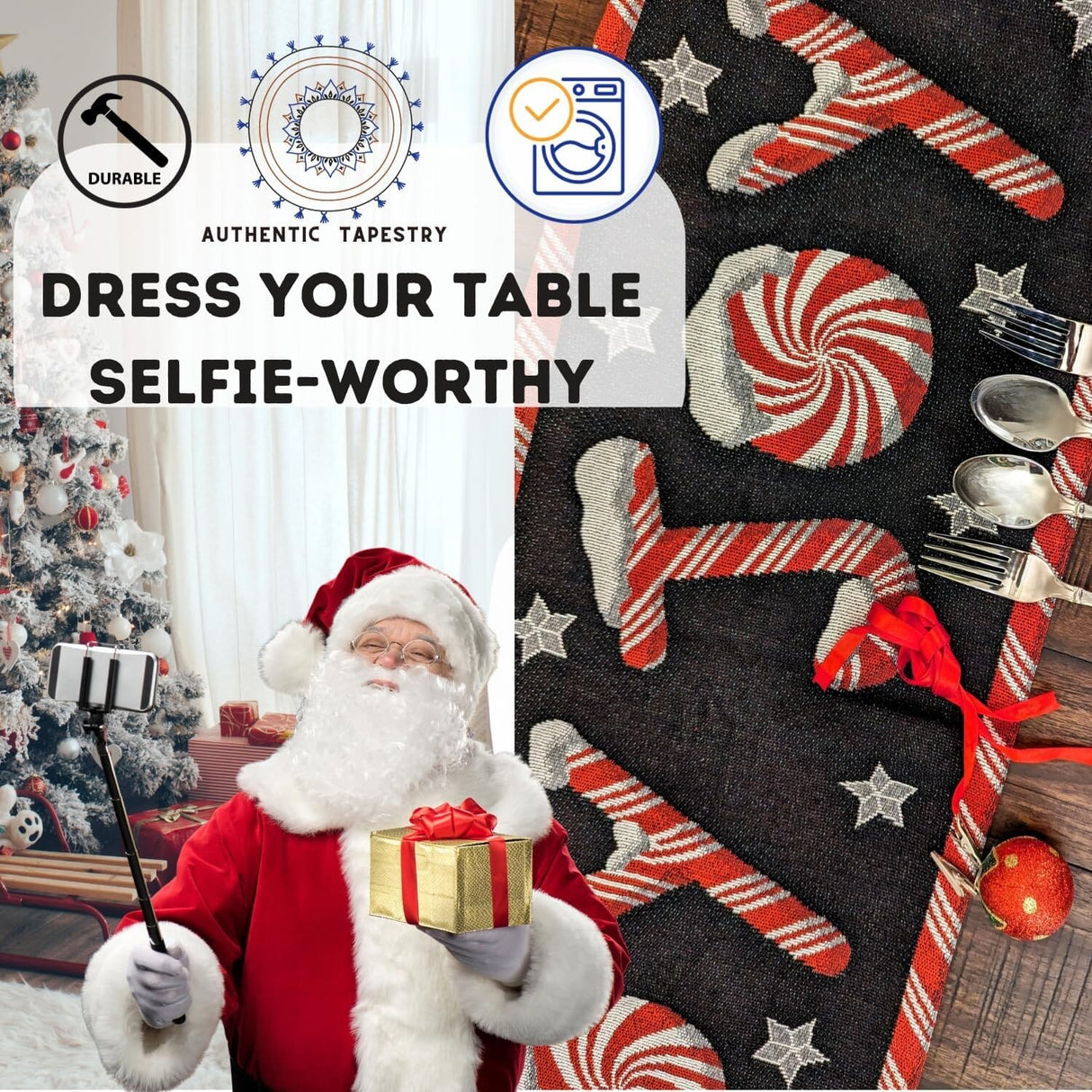 DaDa Bedding Peppermint Joy Red Black Holiday Tapestry Dining Table Runner (12904) from DaDalogy Bedding Collection