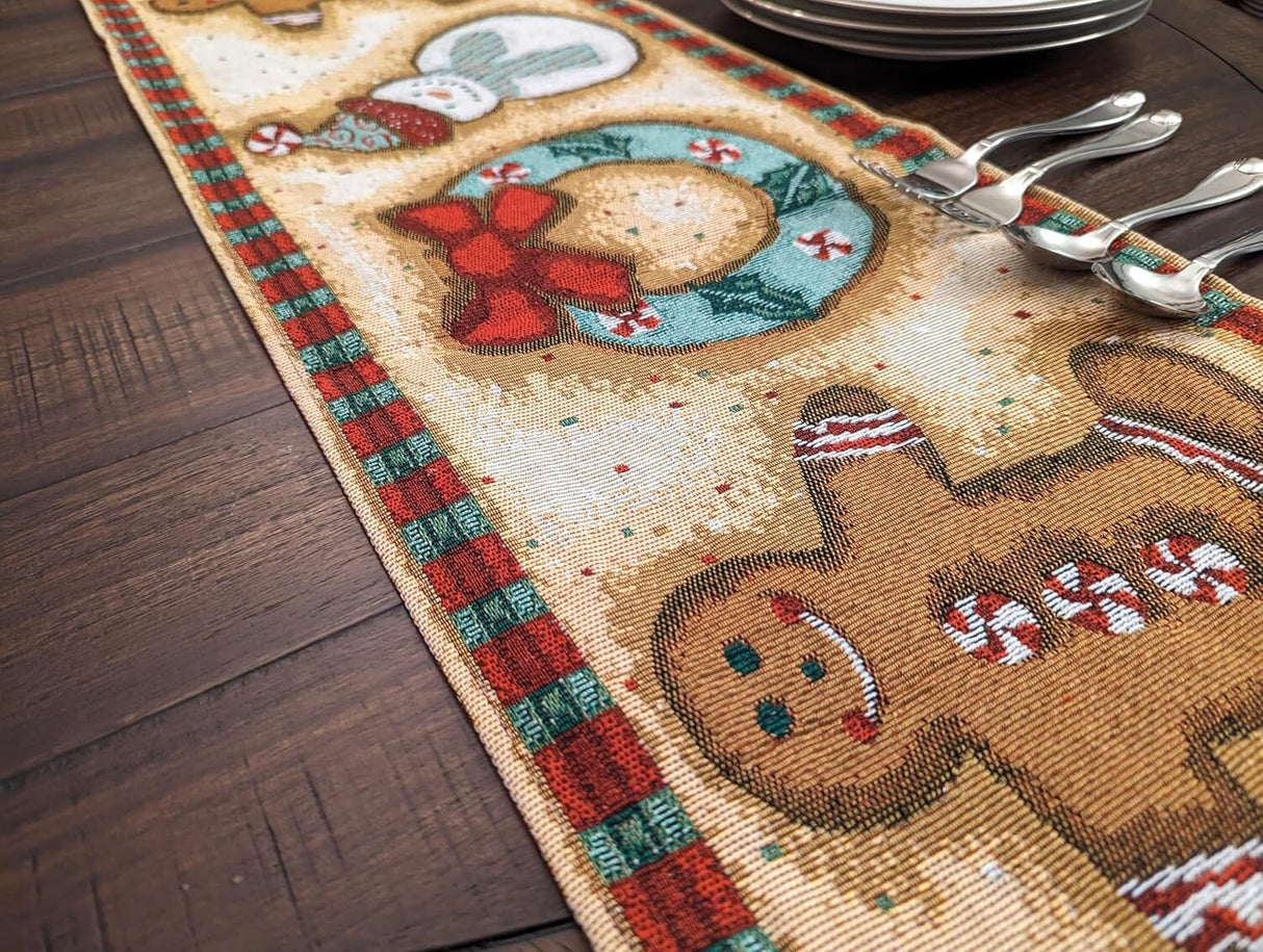 DaDa Bedding Gingerbread Snowman Holiday Woven Tapestry Dining Table Runner (12917) from DaDalogy Bedding Collection
