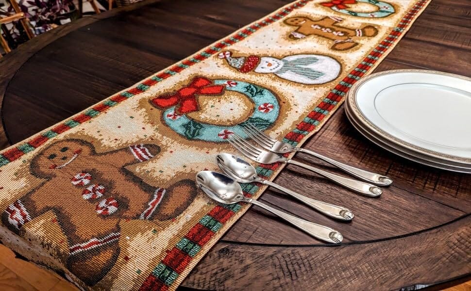 DaDa Bedding Gingerbread Snowman Holiday Woven Tapestry Dining Table Runner (12917) from DaDalogy Bedding Collection