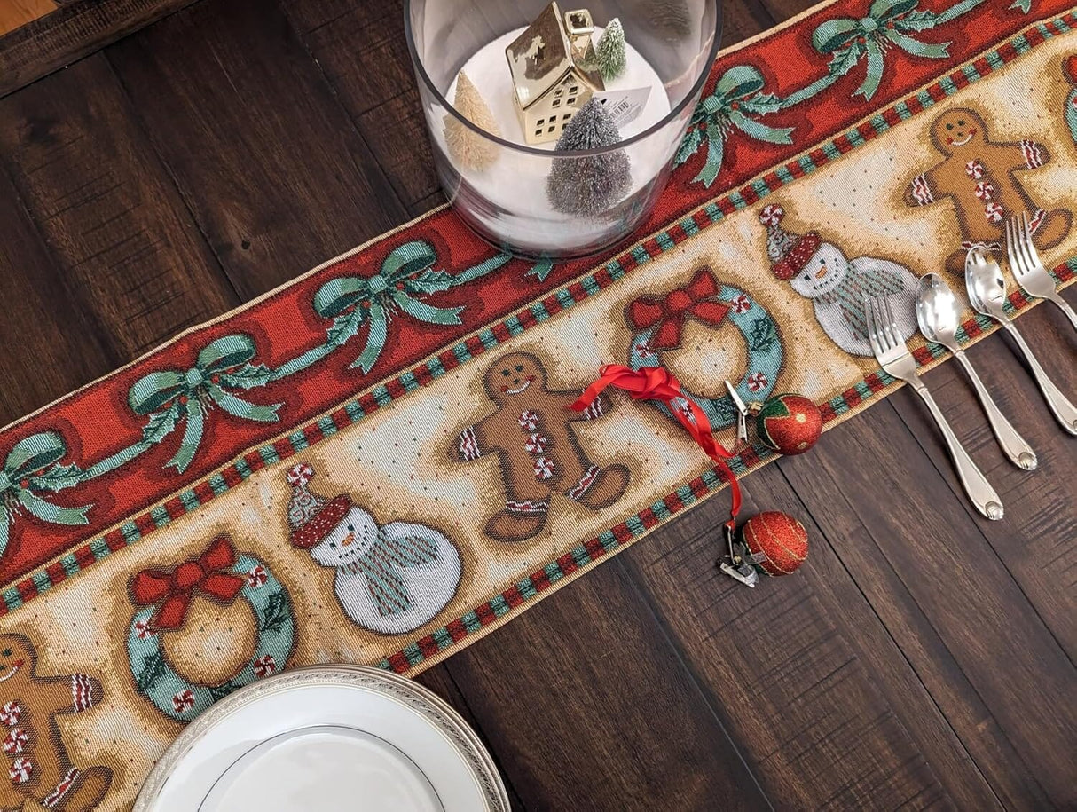 DaDa Bedding Gingerbread Snowman Holiday Woven Tapestry Dining Table Runner (12917) from DaDalogy Bedding Collection