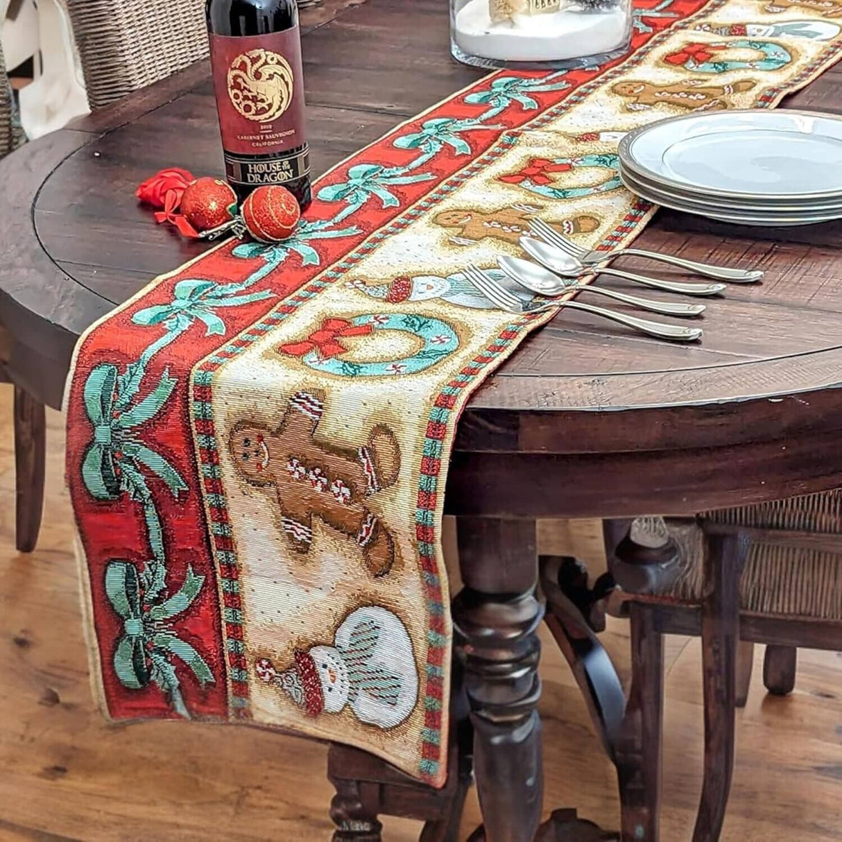 DaDa Bedding Gingerbread Snowman Holiday Woven Tapestry Dining Table Runner (12917) from DaDalogy Bedding Collection