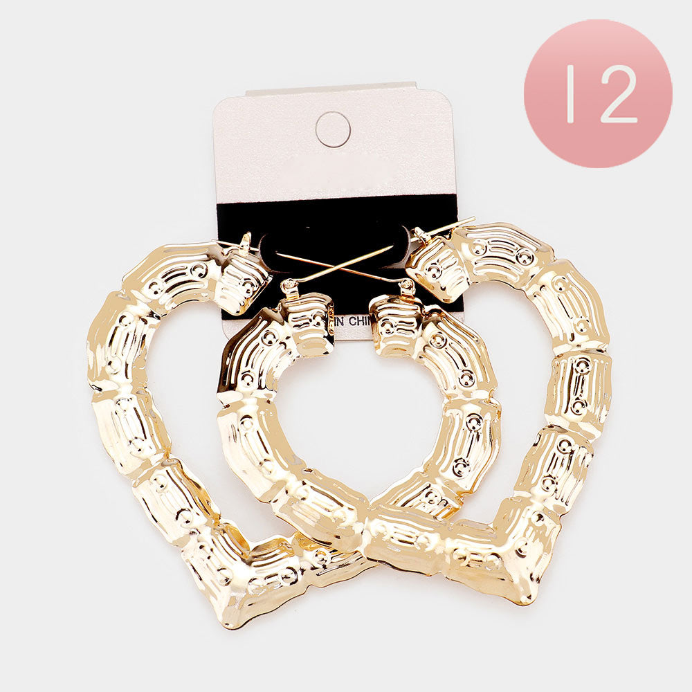 12Pairs- Medium Metal Bamboo Heart Pin Catch Earrings from Madeline Love