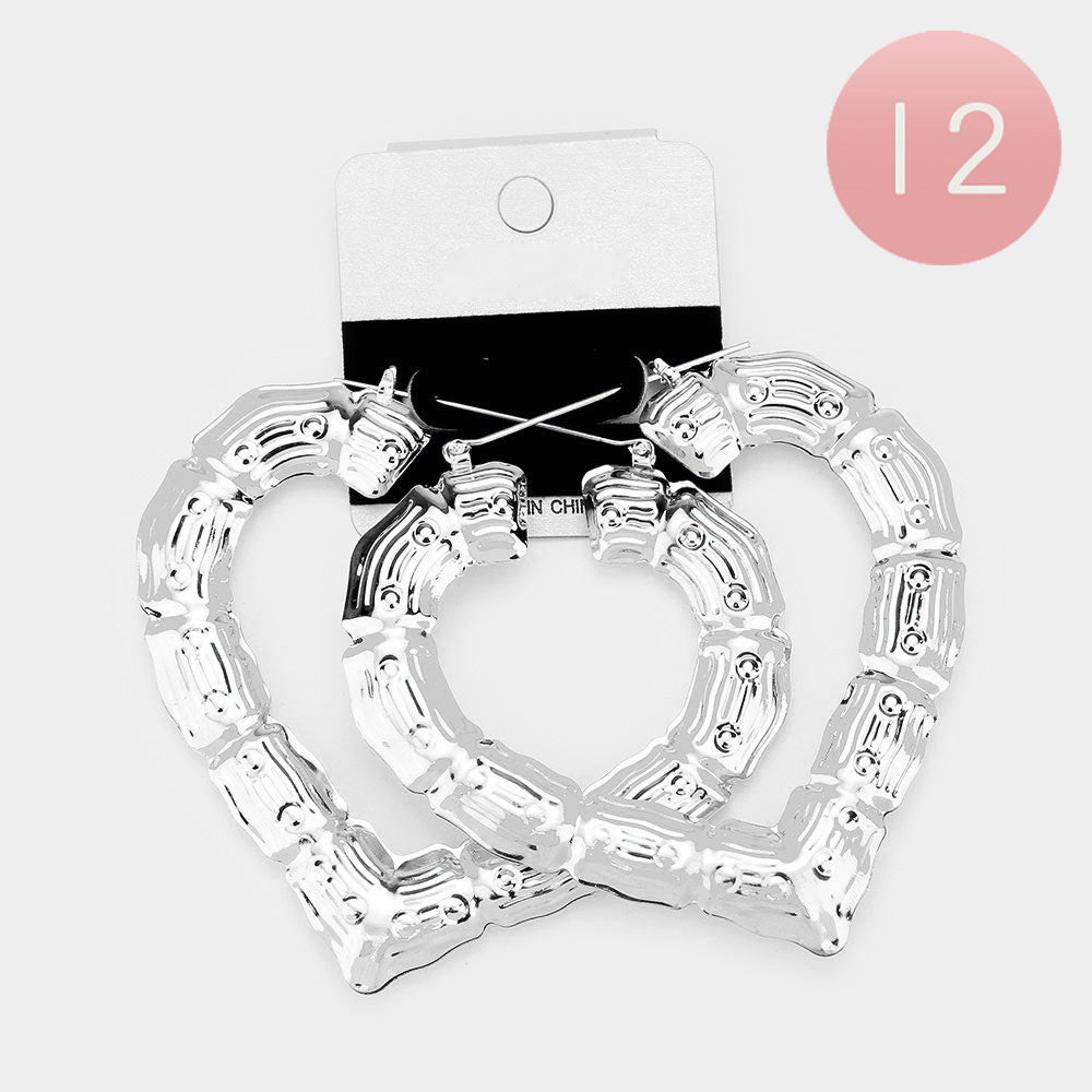 12Pairs- Medium Metal Bamboo Heart Pin Catch Earrings from Madeline Love