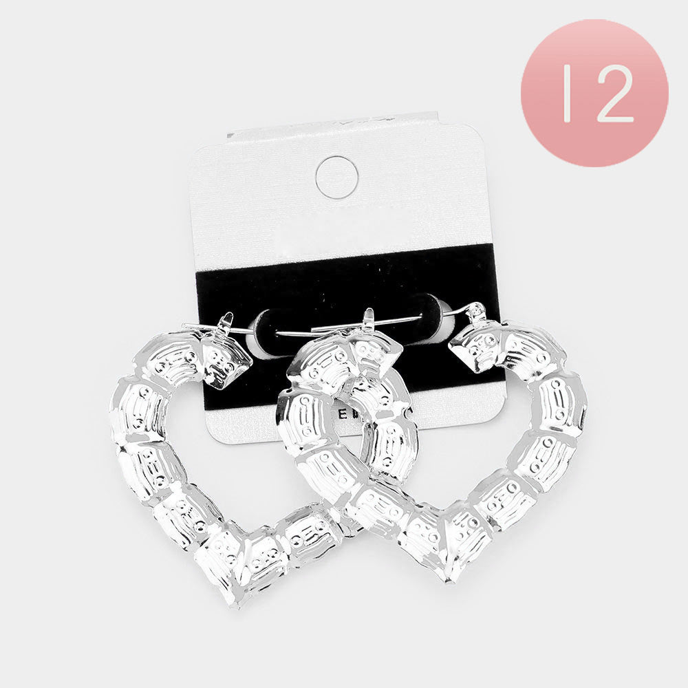 12Pairs- Medium Metal Bamboo Heart Pin Catch Earrings from Madeline Love