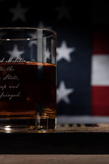2nd Amendment American Flag Whiskey Glasses, Set of 4 Hand Blown Old Fashioned Whiskey Rocks Glasses, Wood Flag Tray with Patriots Gun Rights Law & Military Gift Set from The Wine Savant