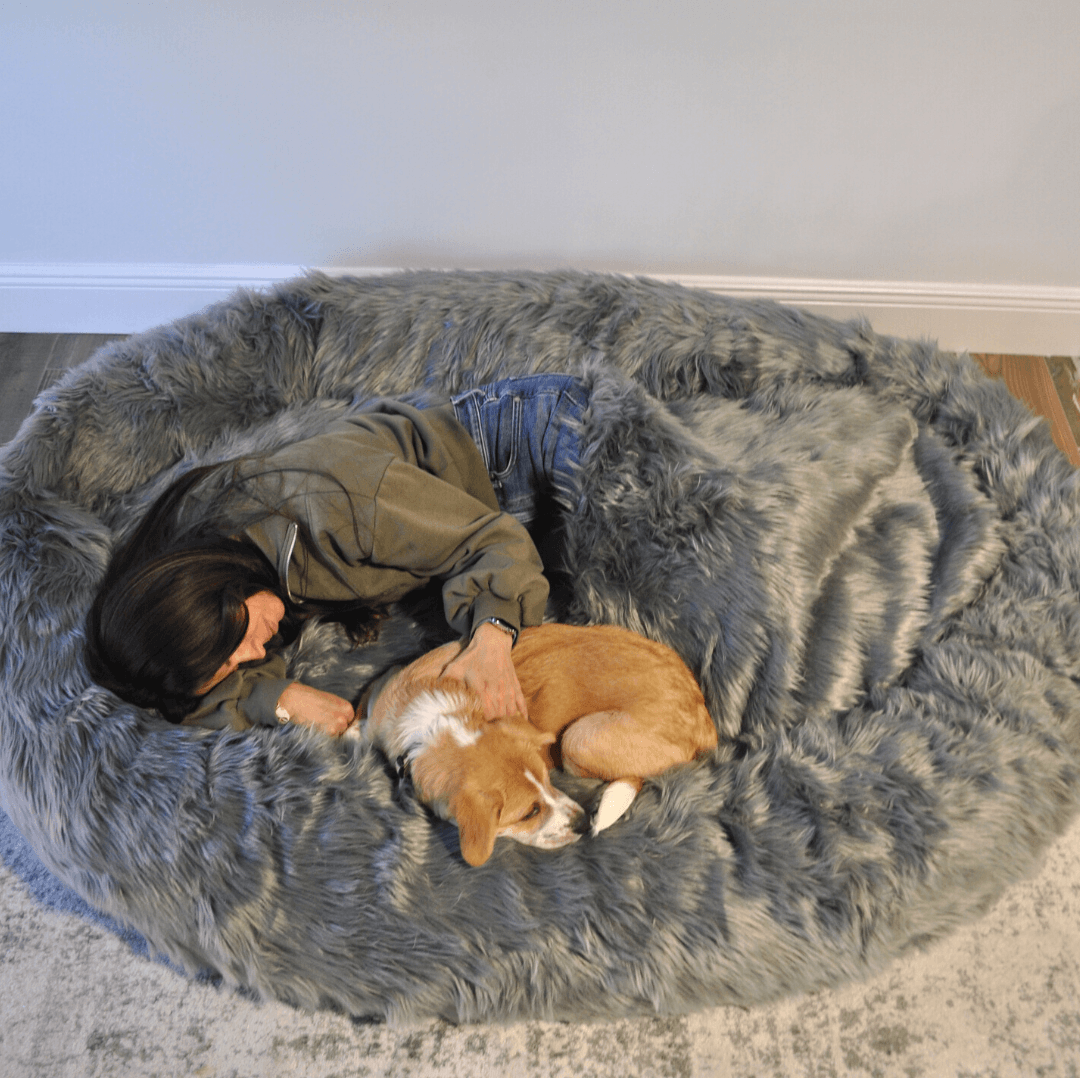 PupCloud™ Human-Size Faux Fur Memory Foam Dog Bed - Charcoal Grey From Paw.com