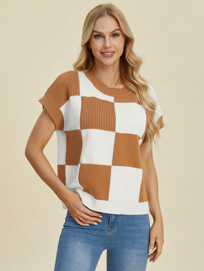 Double Take Full Size Checkered Round Neck Short Sleeve Sweater from Enfance-Heureuse