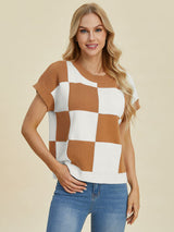 Double Take Full Size Checkered Round Neck Short Sleeve Sweater from Enfance-Heureuse