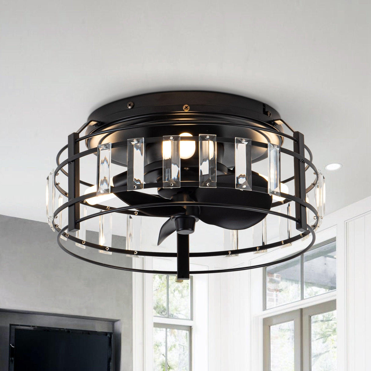 Modern DC Motor Flush Mount Reversible Crystal Ceiling Fan with Lighting and Remote Control From ParrotUncle