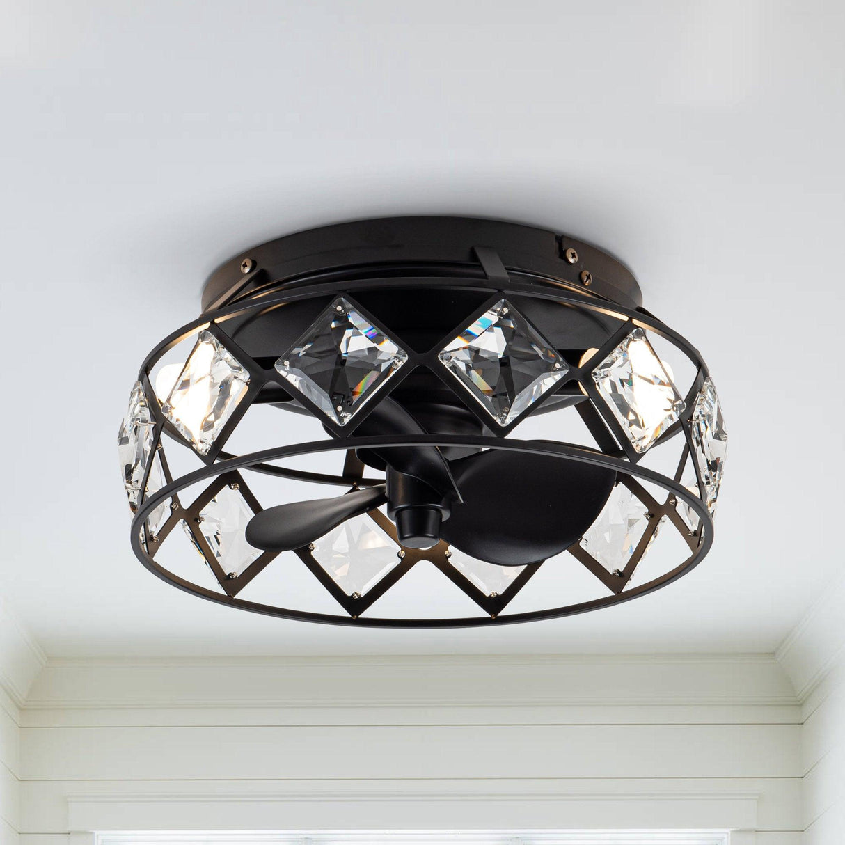 Srinager Modern DC Motor Flush Mount Reversible Crystal Ceiling Fan with Lighting and Remote Control From ParrotUncle