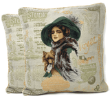 Tache Puppy Day Out French European Postcard Emerald Green Beige Tapestry Throw Pillow Cover (CC-1354) from Tache Home Fashion