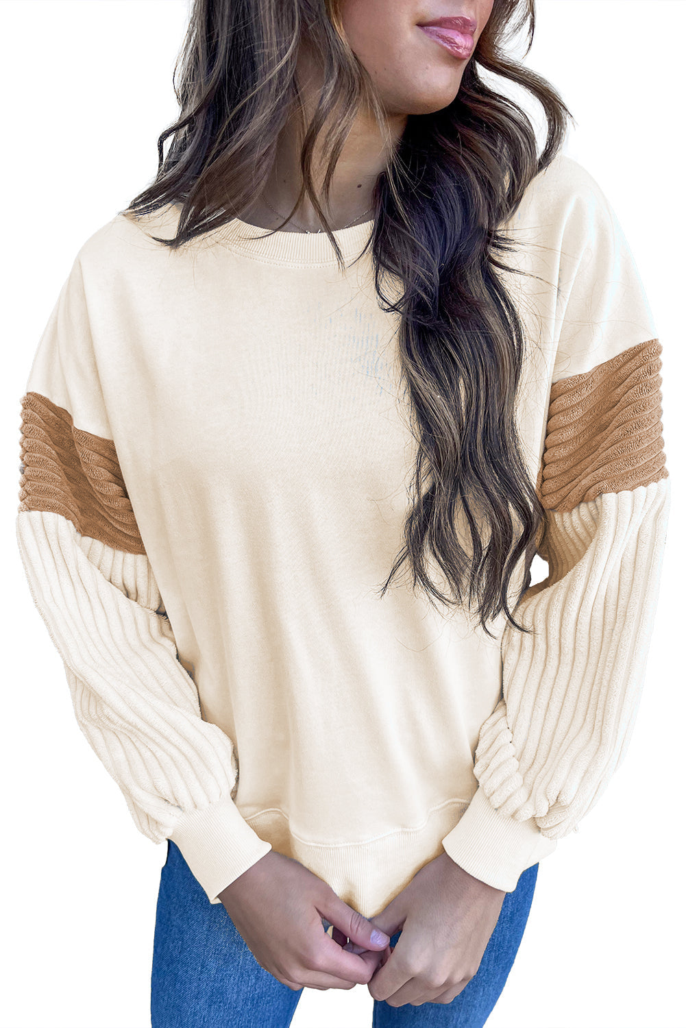 Apricot Corduroy Patchwork Drop Shoulder Long Sleeve Sweatshirt from MsDressly