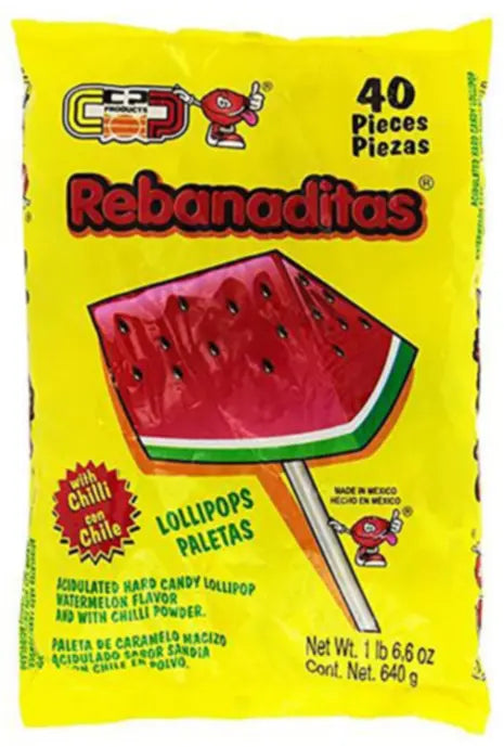 Rebanaditas Watermelon Lollipop with Chile 12 pack (40 ct/pack) from Mexmax INC.