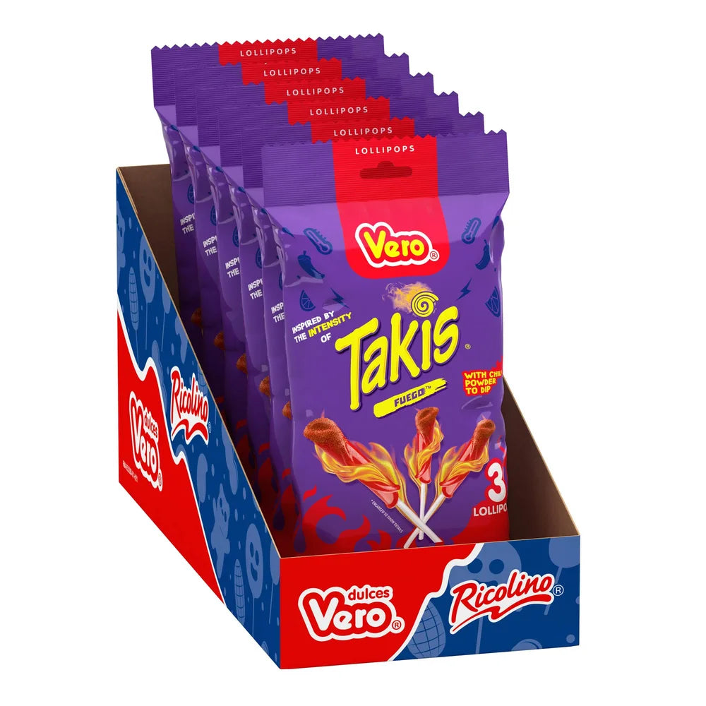 Vero Takis Fuego Lollipop 2.54 oz 3 ct 6 pack from Mexmax INC.