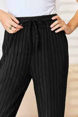 Basic Bae Full Size Ribbed Drawstring Hooded Top and Straight Pants Set from Enfance-Heureuse