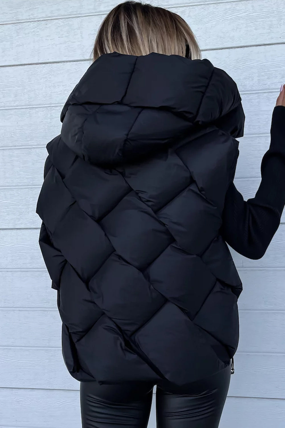 Black Quilted Zipper Front Hooded Vest Coat From MsDressly