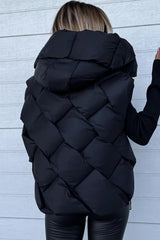 Black Quilted Zipper Front Hooded Vest Coat From MsDressly