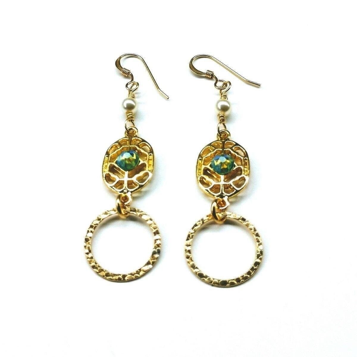 14 KT Gold Filled Green Crystal Hammered Circle Filigree Earrings from Alexa Martha Designs