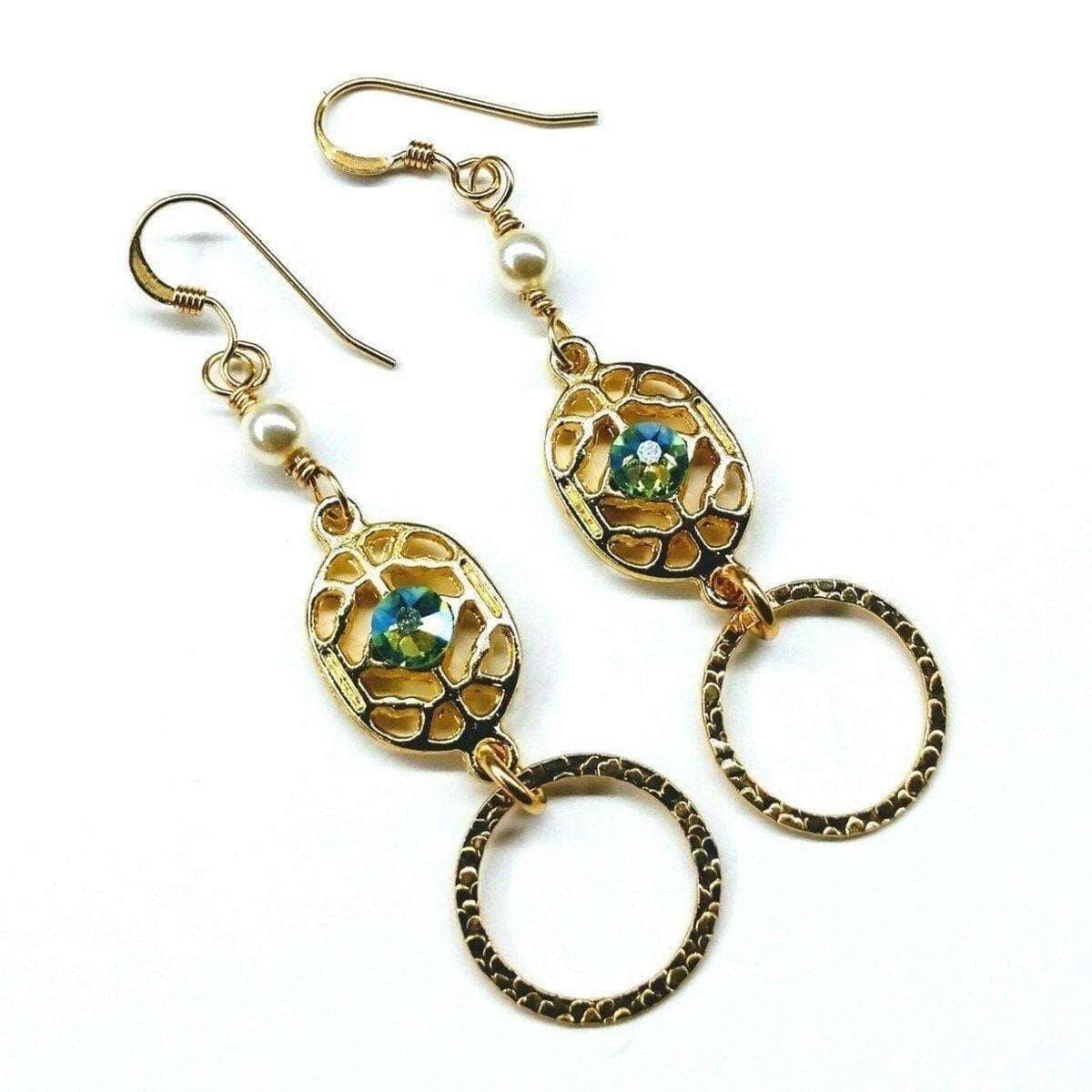 14 KT Gold Filled Green Crystal Hammered Circle Filigree Earrings from Alexa Martha Designs