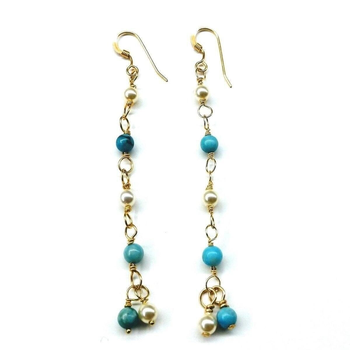 14 KT Gold Filled Wire Wrapped Long Turquoise Pearl Dangle Earrings from Alexa Martha Designs