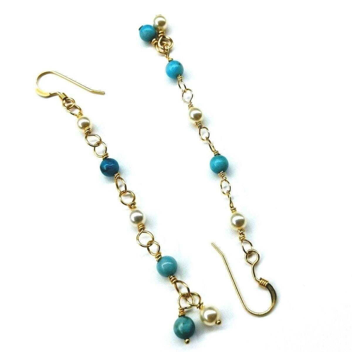 14 KT Gold Filled Wire Wrapped Long Turquoise Pearl Dangle Earrings from Alexa Martha Designs