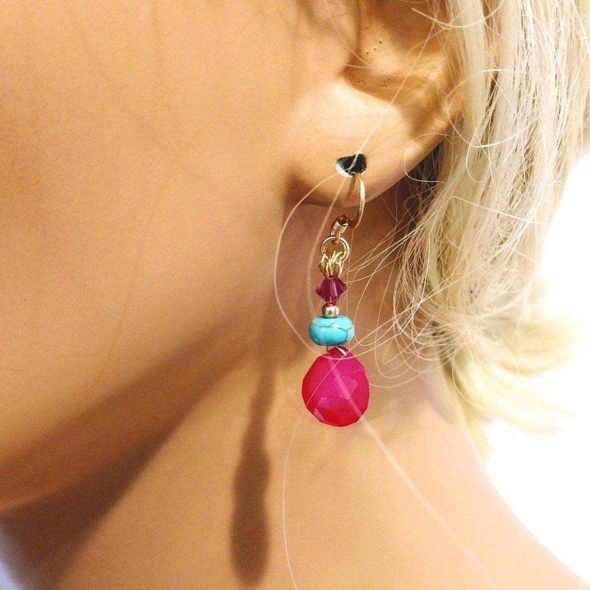 14 KT Gold Filled Wire Wrapped Pink And Turquoise Drop Gemstone Earrings from Alexa Martha Designs