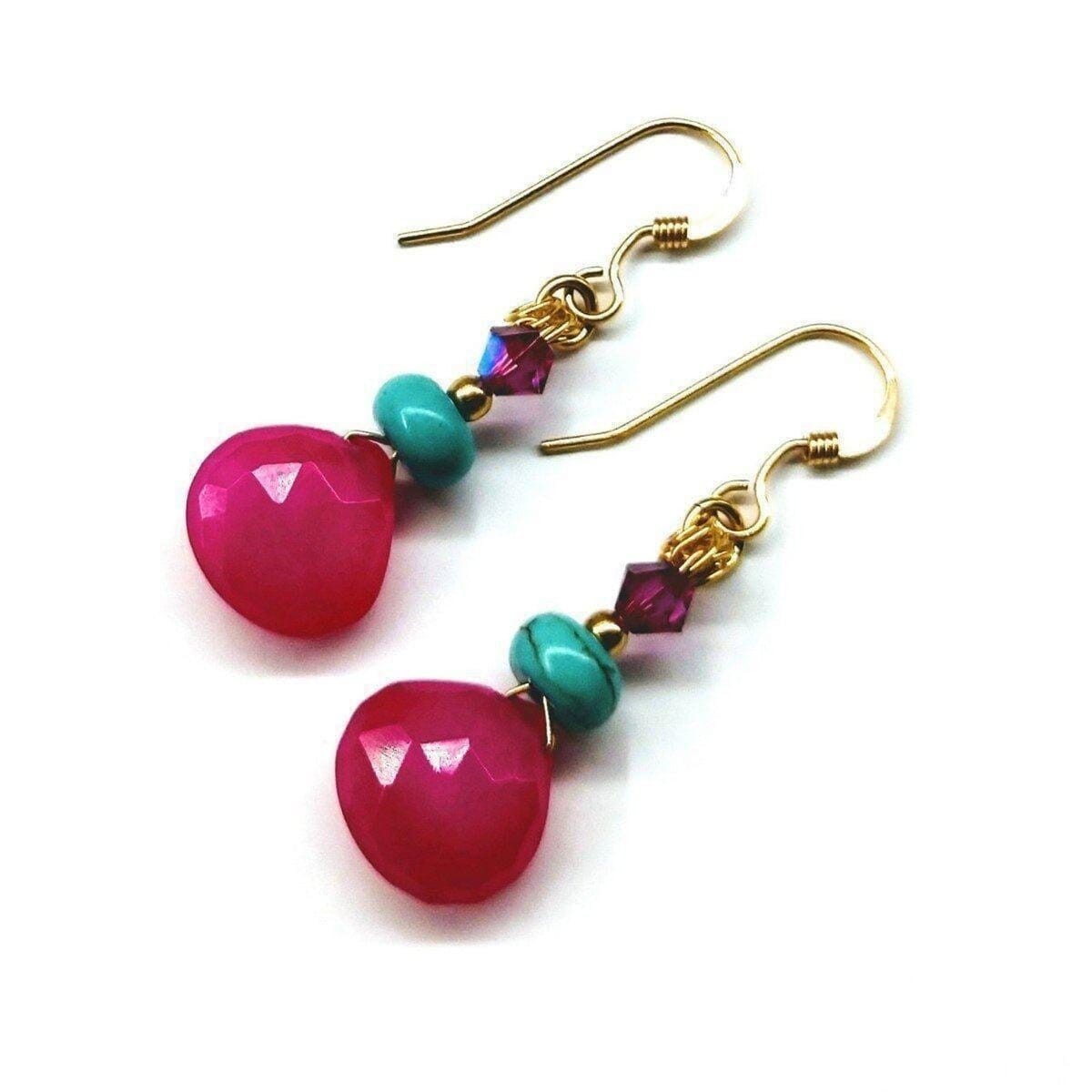 14 KT Gold Filled Wire Wrapped Pink And Turquoise Drop Gemstone Earrings from Alexa Martha Designs