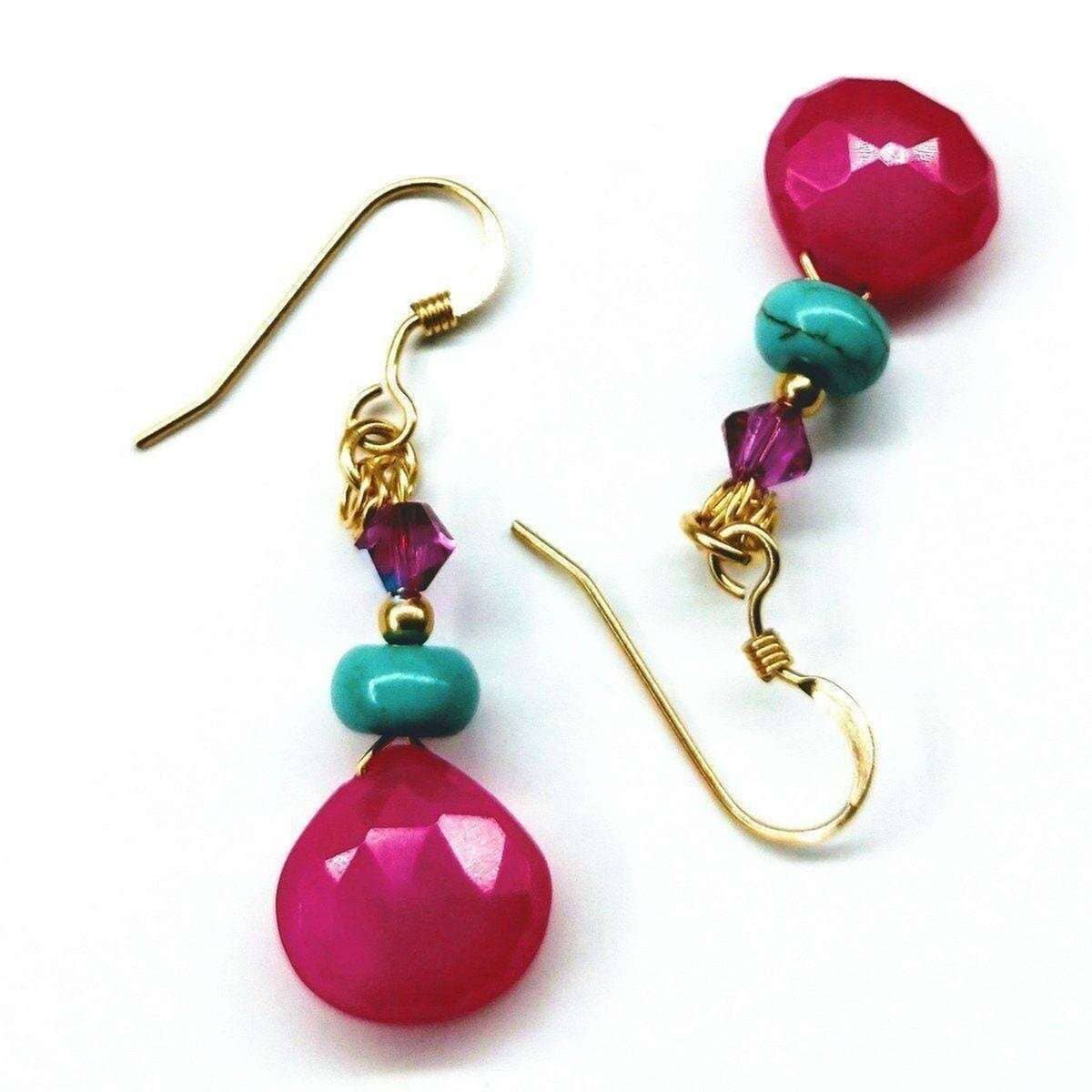 14 KT Gold Filled Wire Wrapped Pink And Turquoise Drop Gemstone Earrings from Alexa Martha Designs