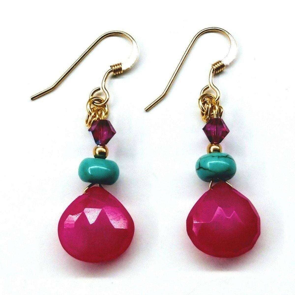 14 KT Gold Filled Wire Wrapped Pink And Turquoise Drop Gemstone Earrings from Alexa Martha Designs