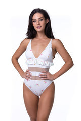 Beige Floral Ruffled Trim Mesh One Piece Swimsuit from My Pampered Life Seattle